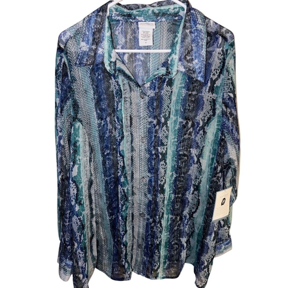 Jaclyn Smith Woman Blue Green Snakeskin Metallic Stripe Button Down Blouse 2X